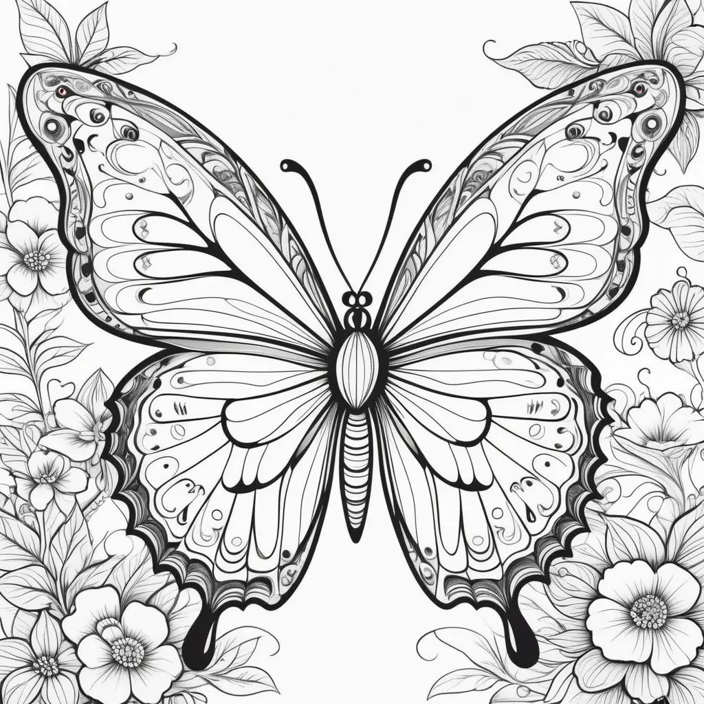 Black and white butterfly coloring pages with floral background