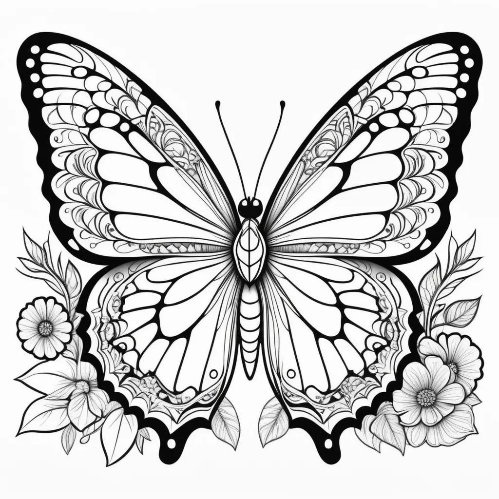 Black and white butterfly coloring pages with flowers