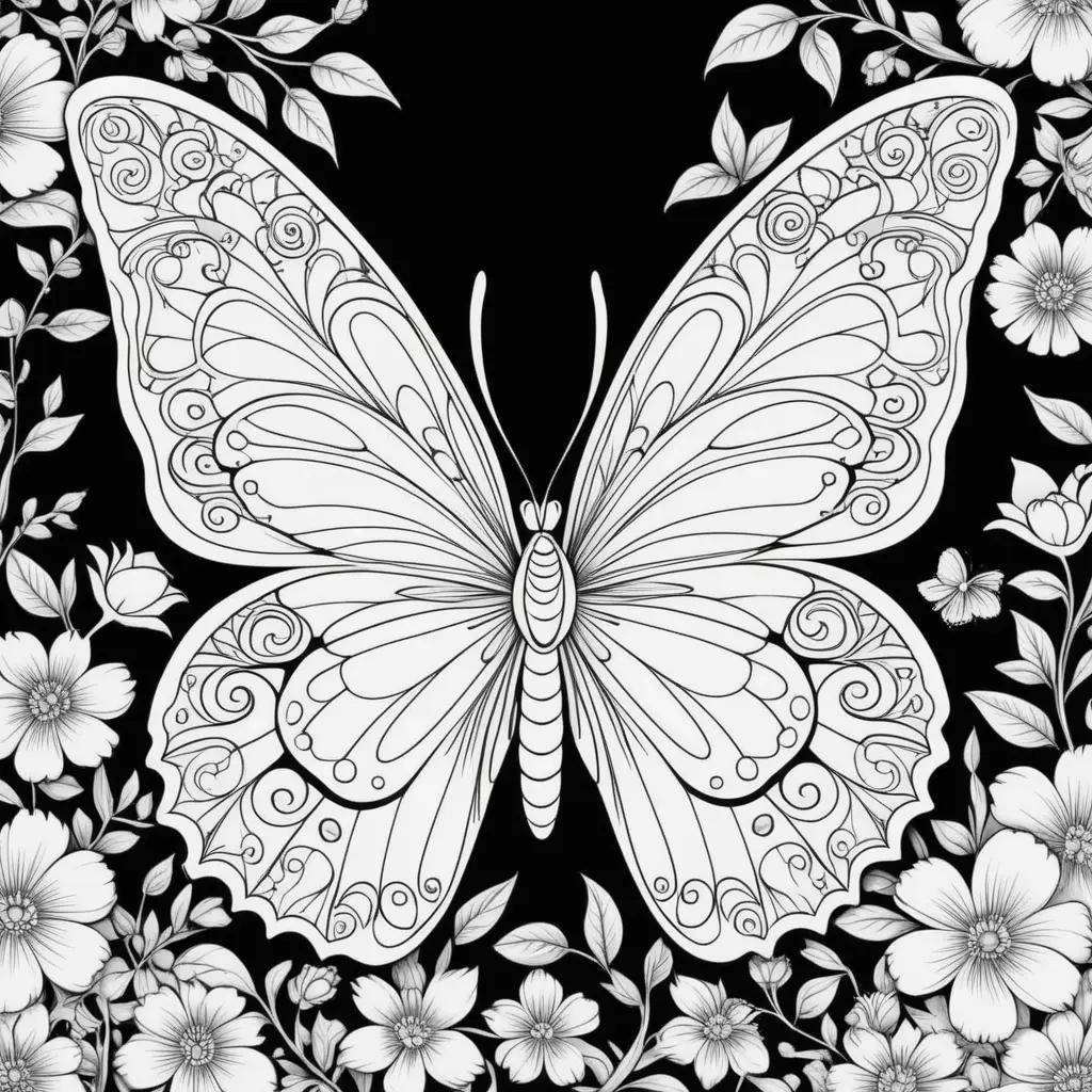 Black and white butterfly coloring pages with flowers