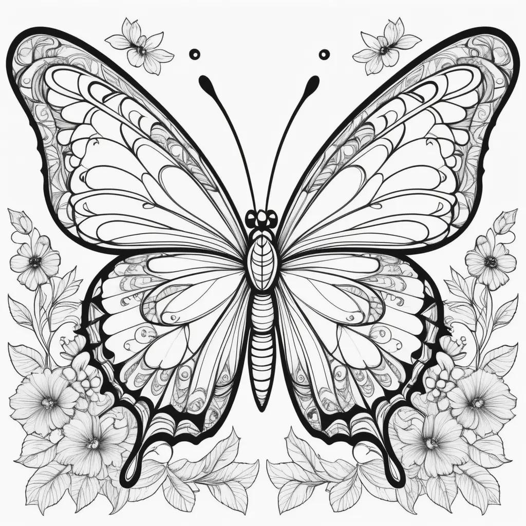 Black and white butterfly coloring pages with flowers