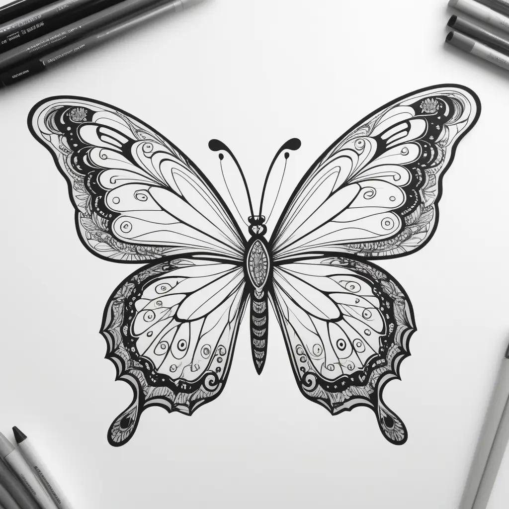 Black and white butterfly drawing on a page