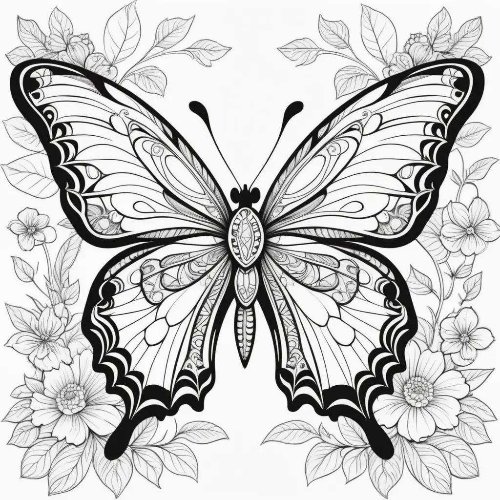 Black and white butterfly with floral background