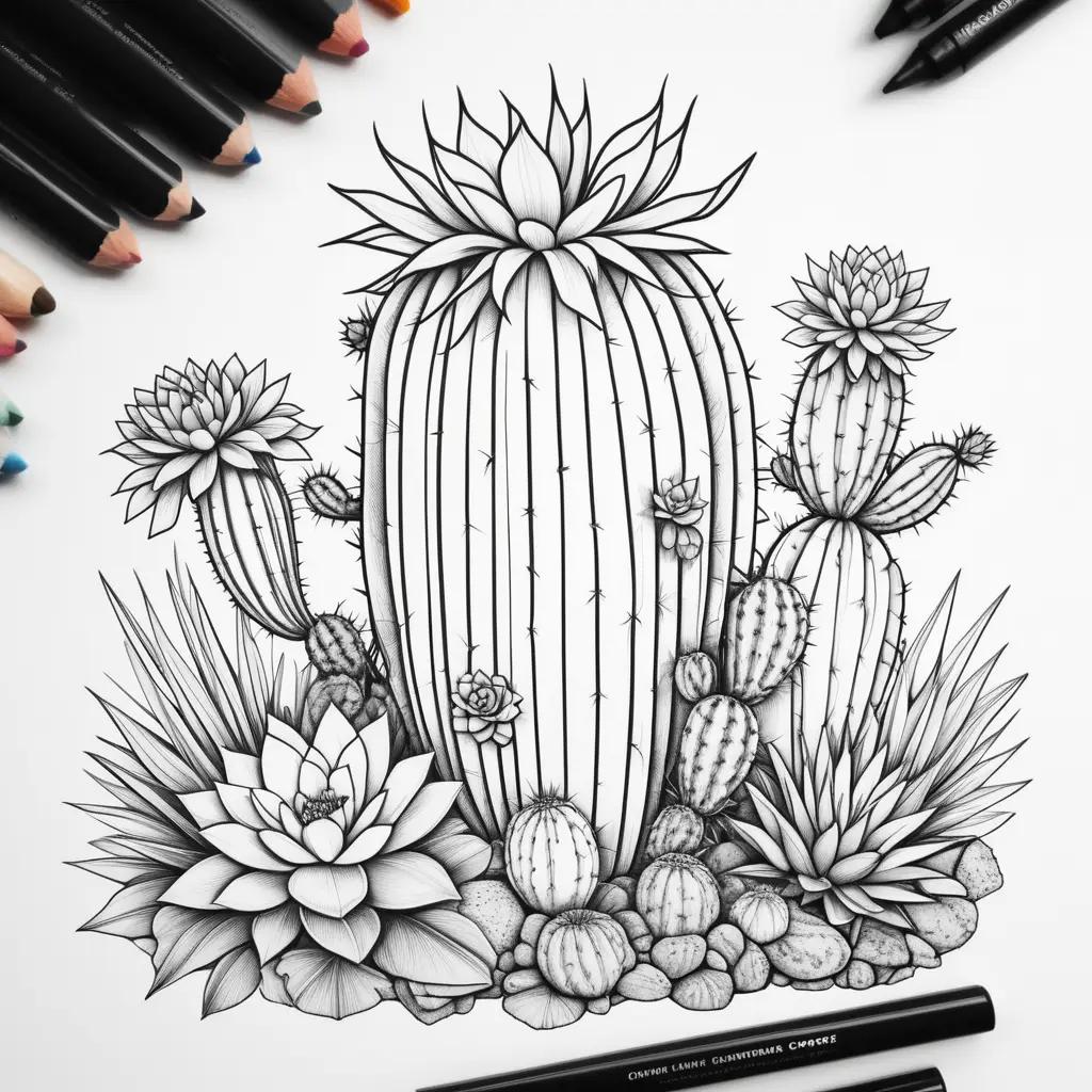 Black and white cactus coloring page with colored pencils