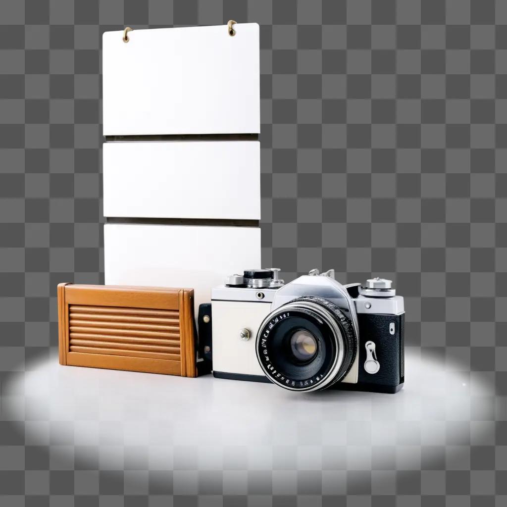 Black and white camera with shutter open on a white background