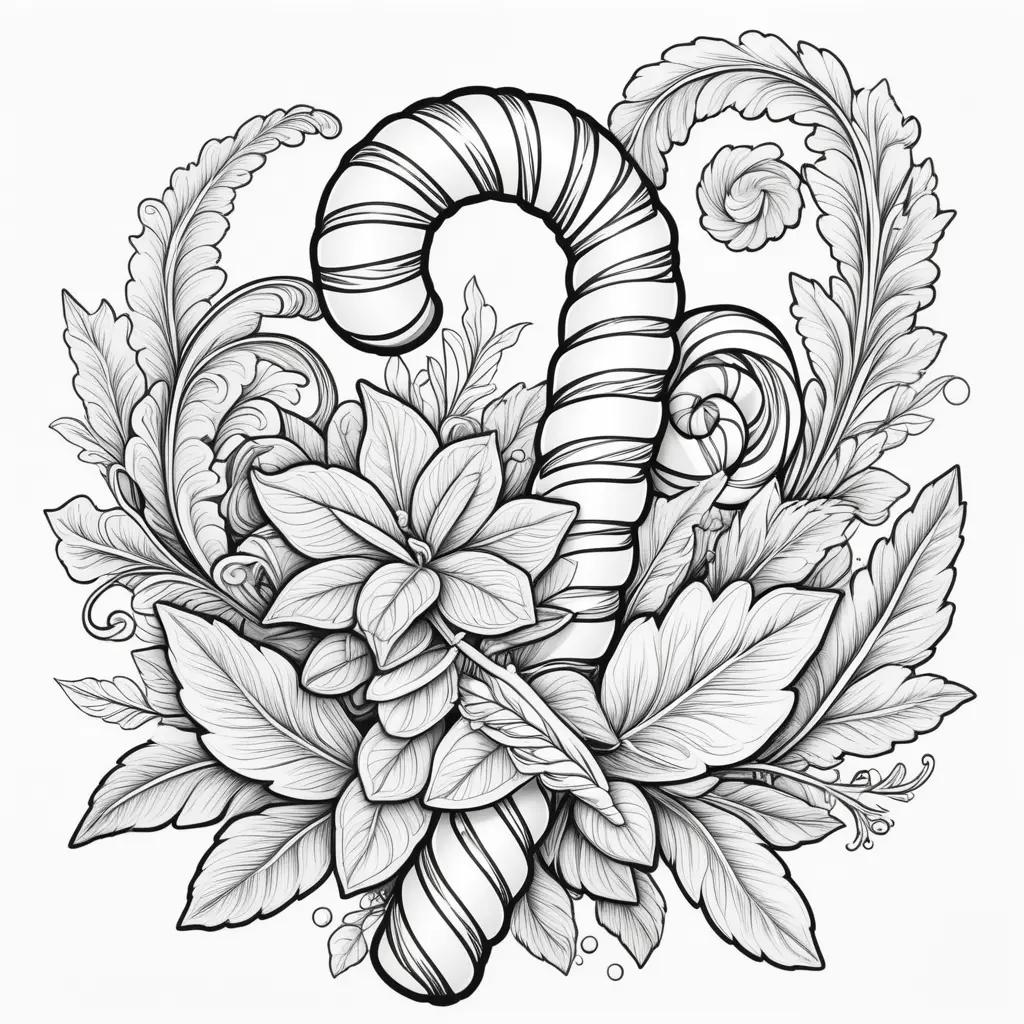 Black and white candy cane with leaves and flowers