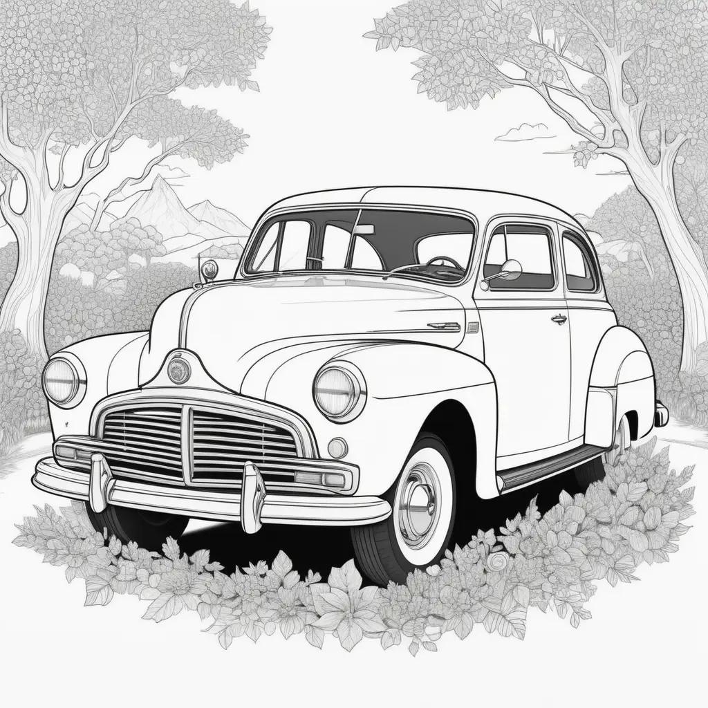 Black and white car color pages in a forest