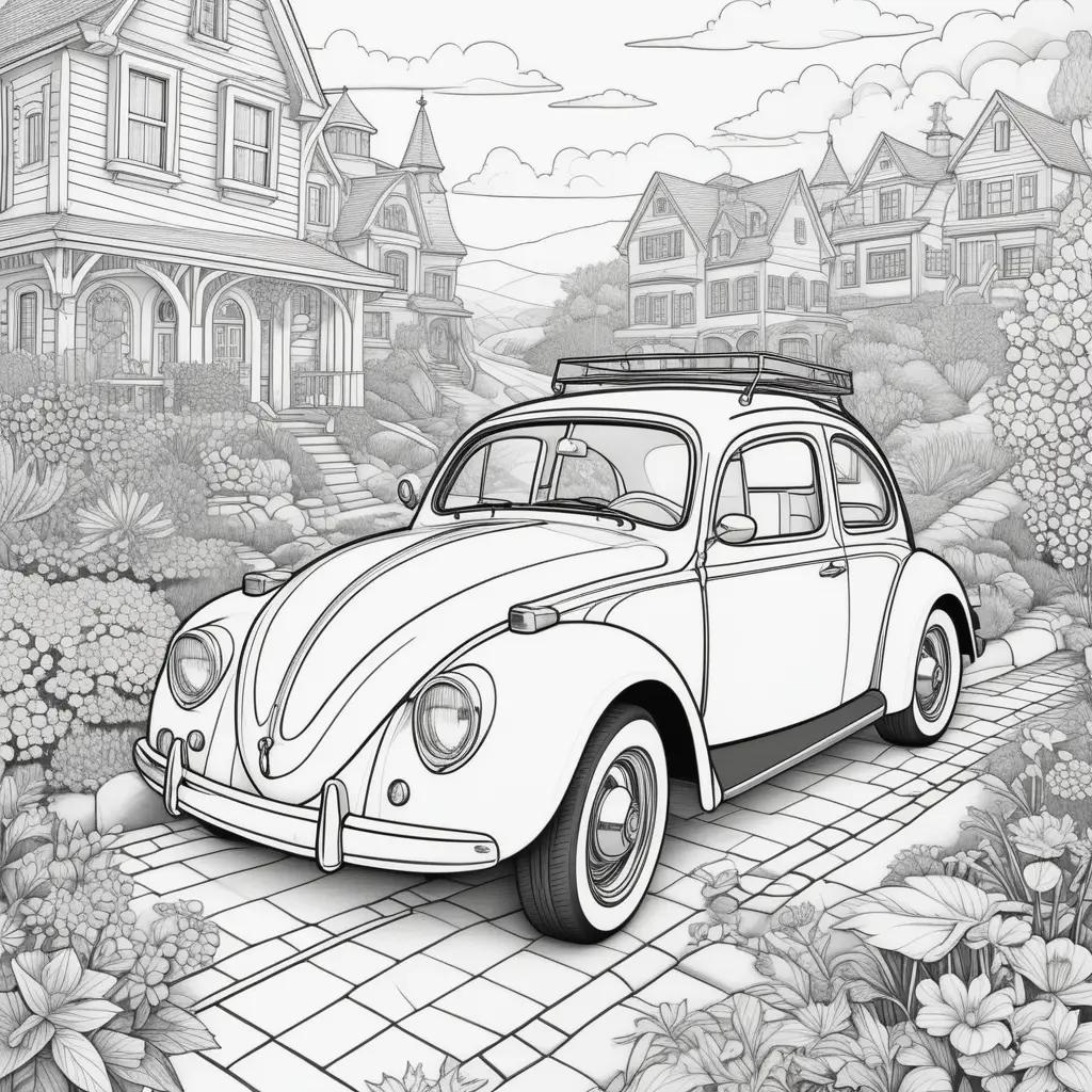 Black and white car coloring page featuring a VW bug