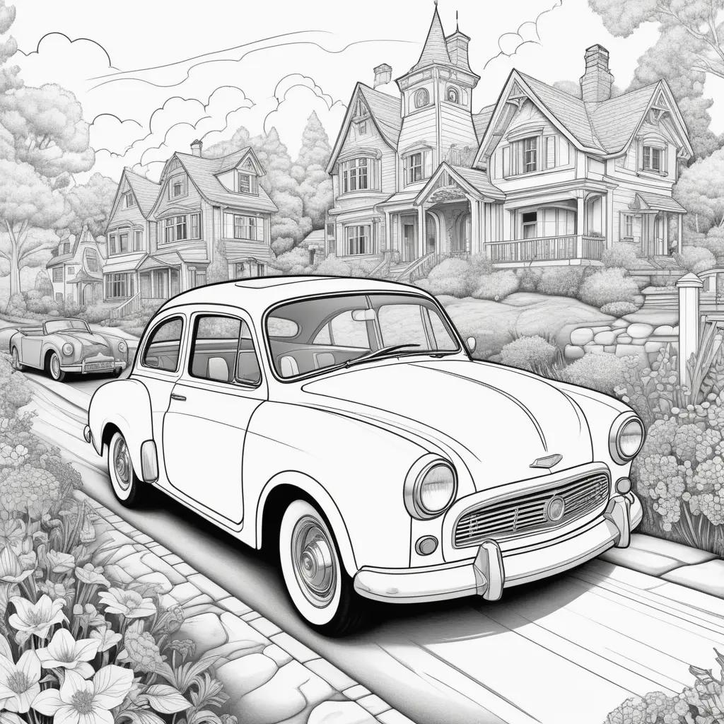 Black and white car coloring page featuring vintage cars