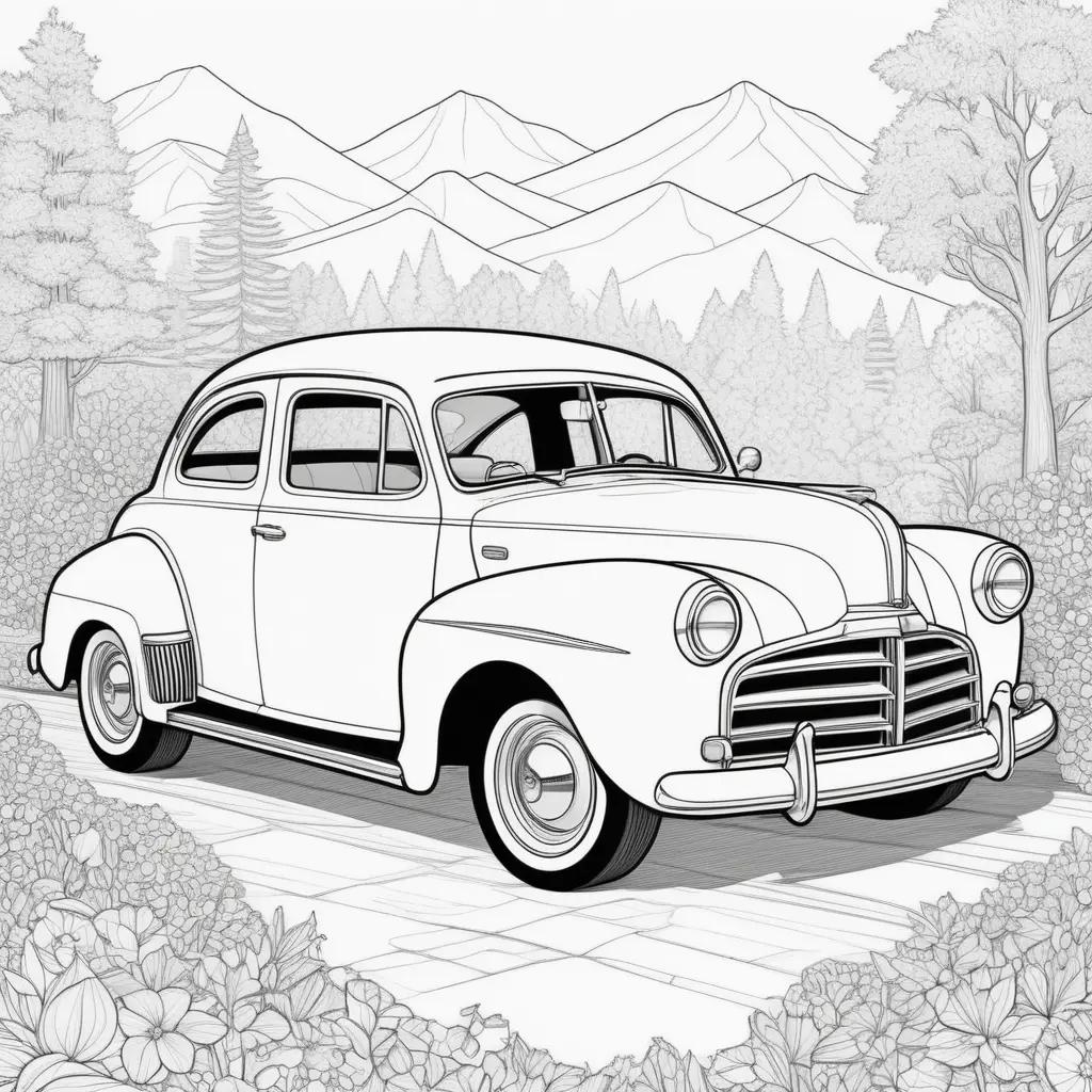 Black and white car coloring page with mountains and trees