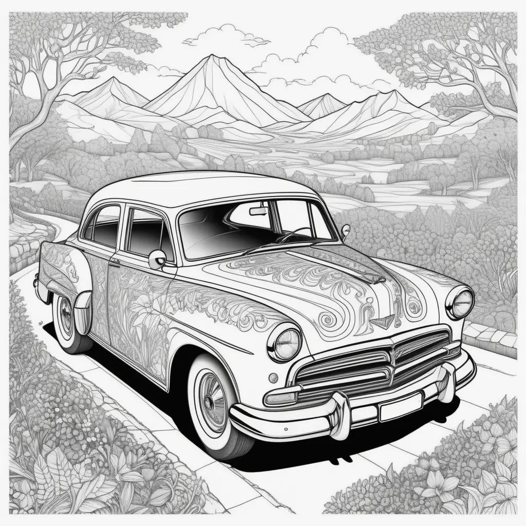 Black and white car coloring page with mountains and trees in the background