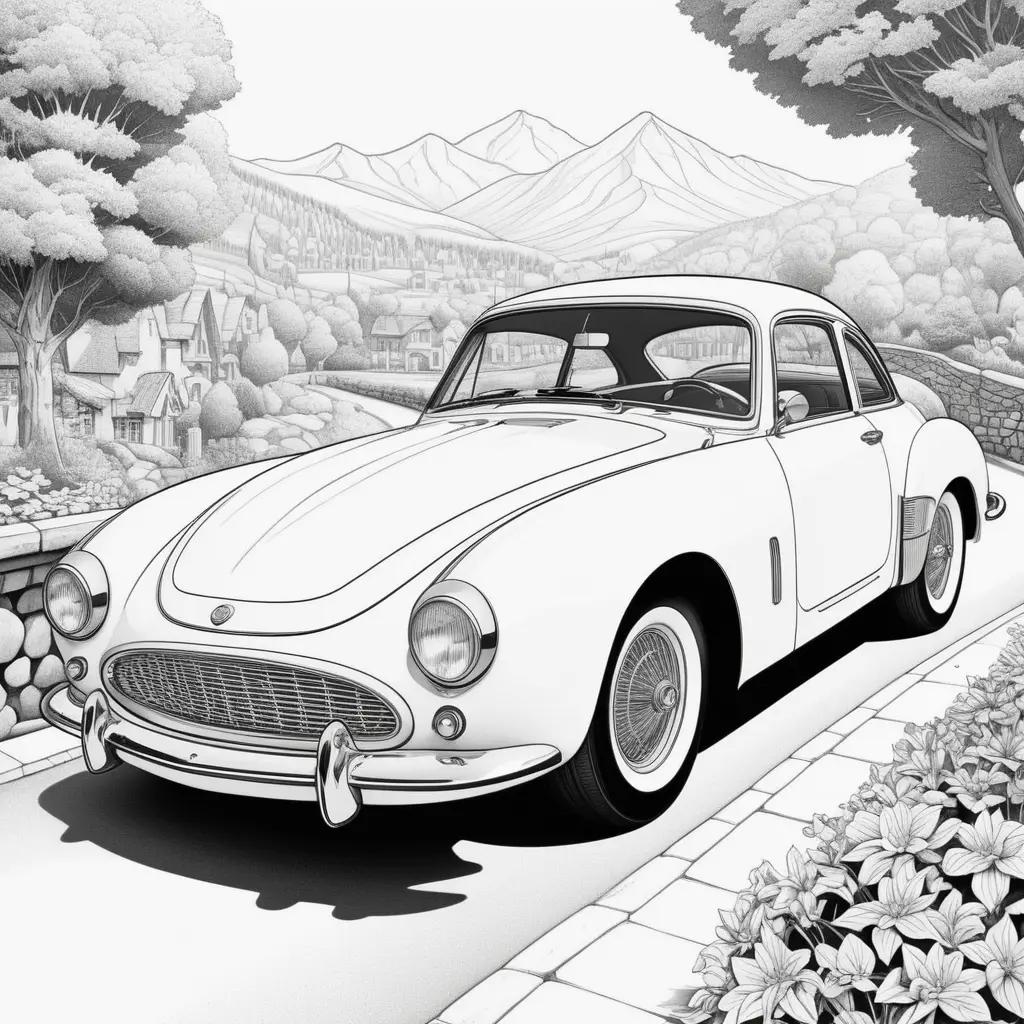 Black and white car drawing with mountains and houses in the background