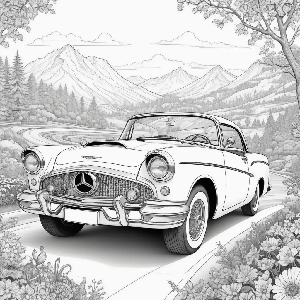 Black and white car drawing with mountains in the background