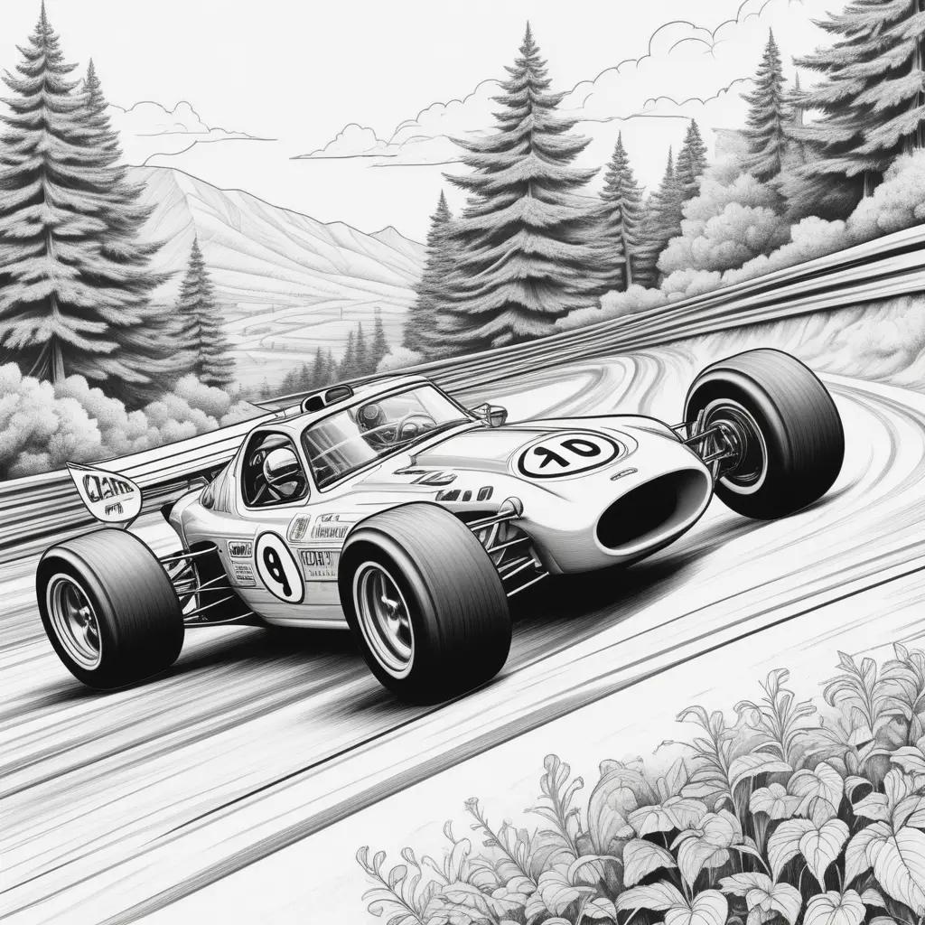 Black and white car race coloring pages on a mountain