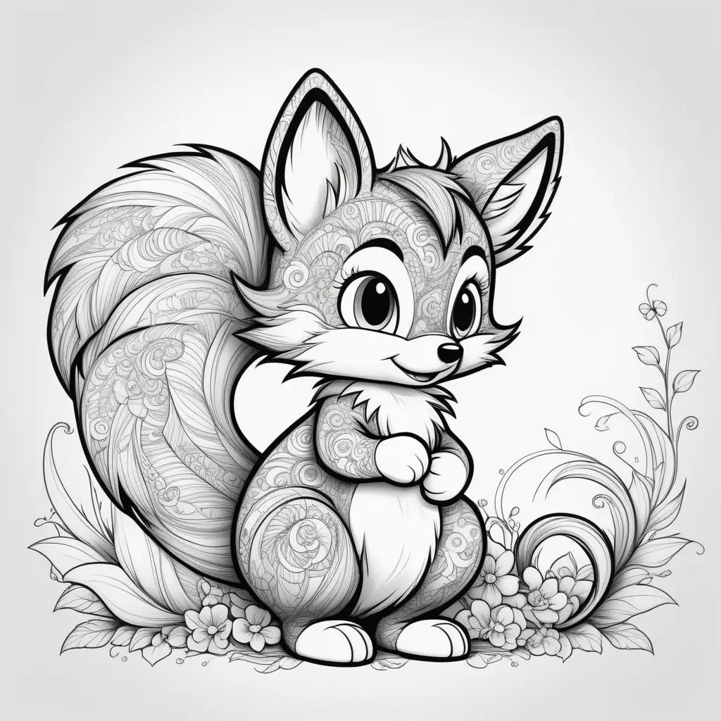 Black and white cartoon fox with colorful tail