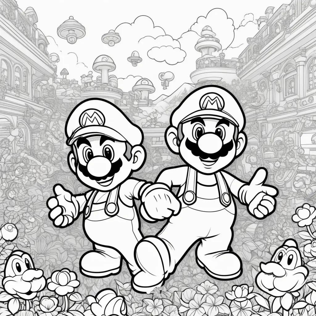 Black and white cartoon of Mario and Luigi