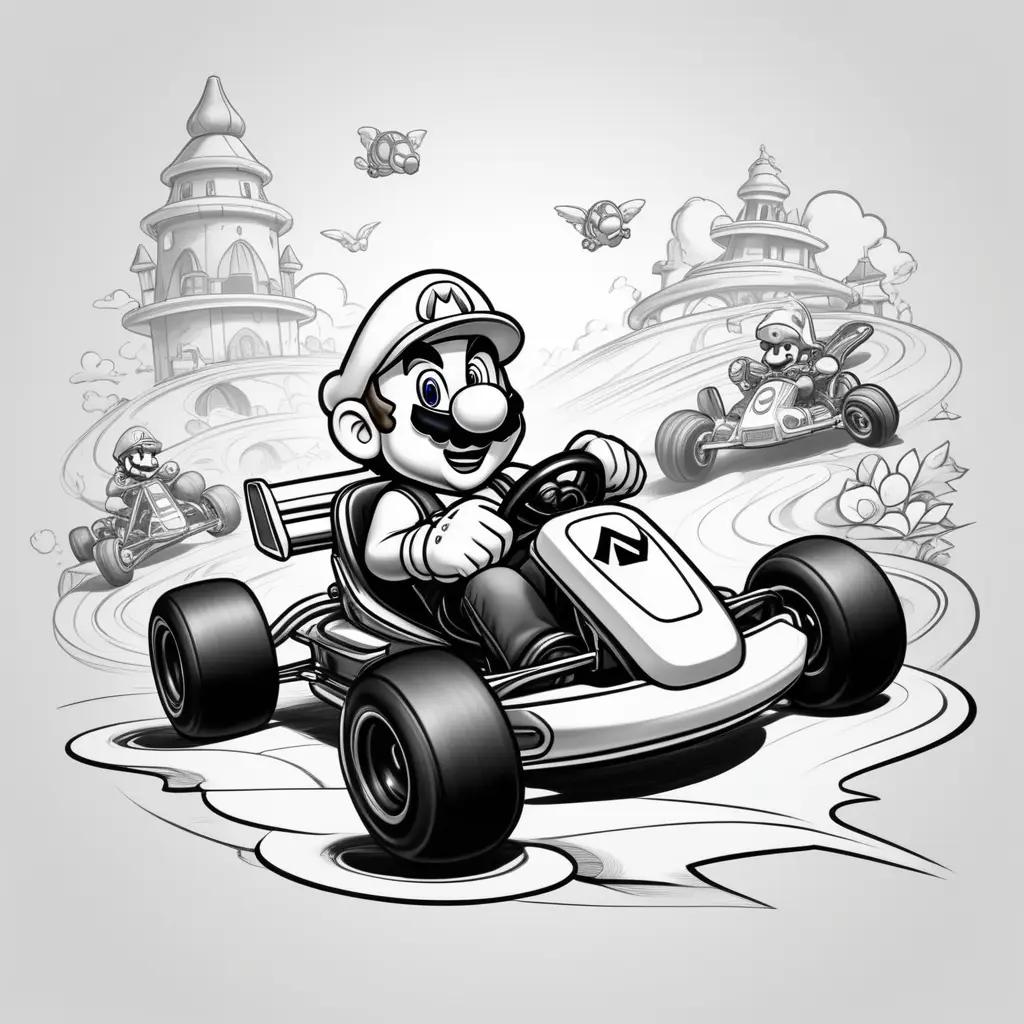 Black and white cartoon of Mario driving a kart