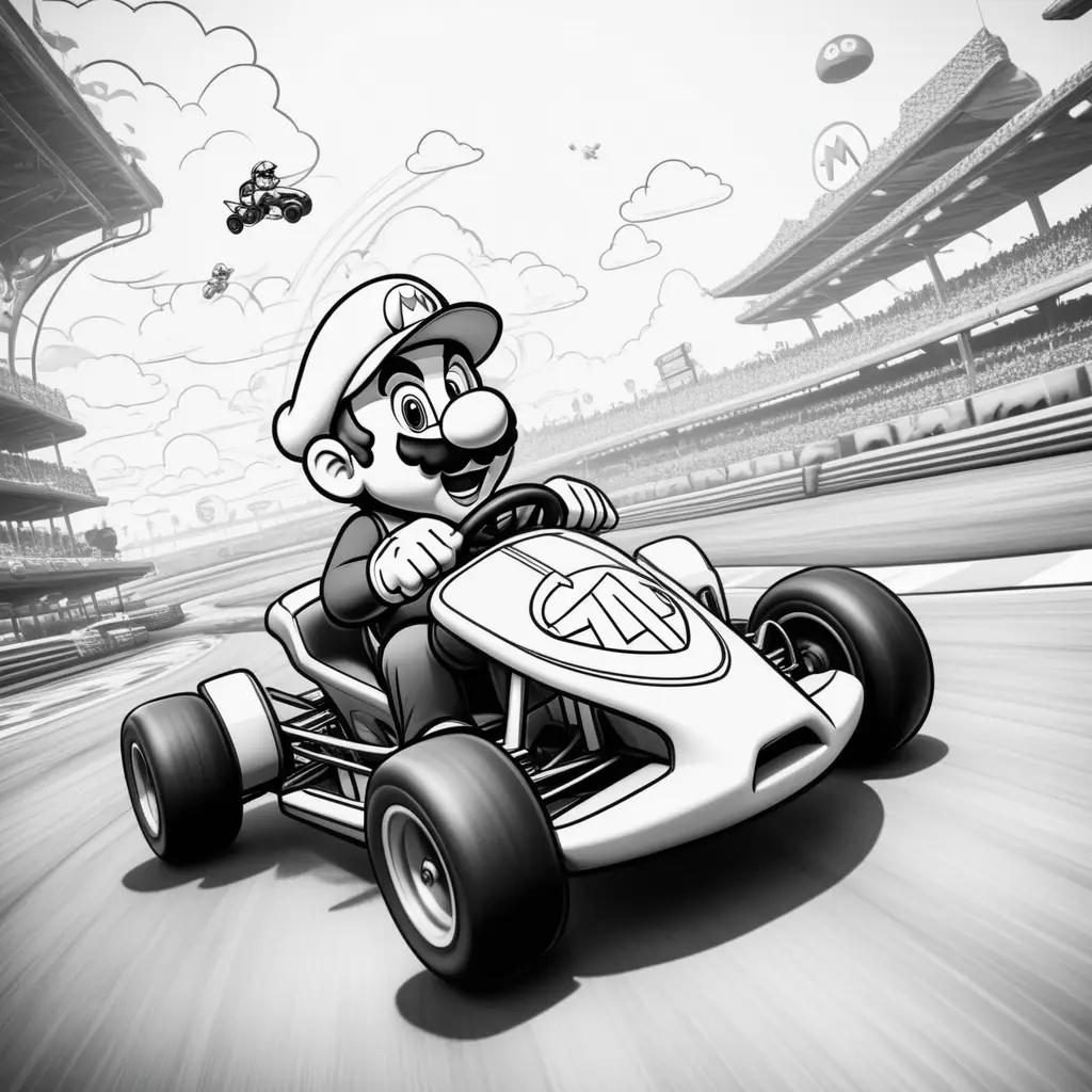 Black and white cartoon of Mario racing