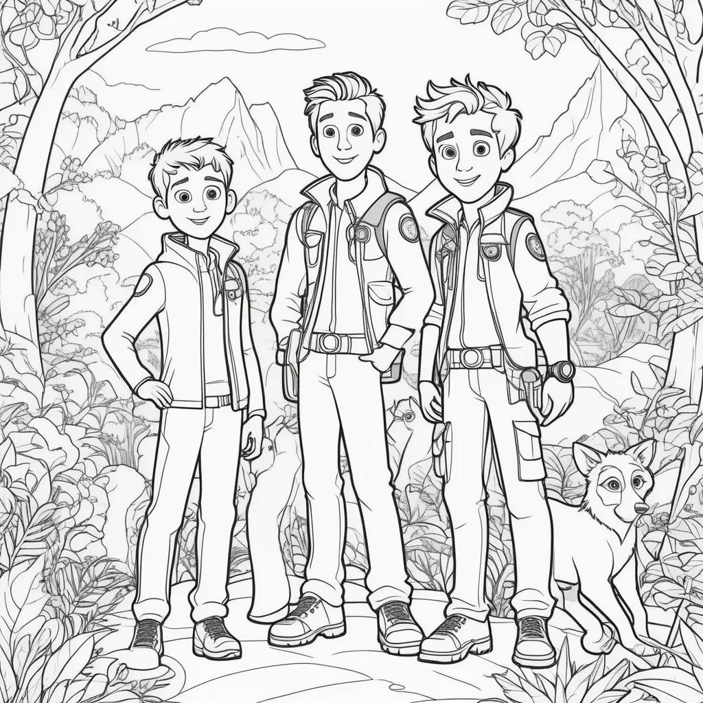 Black and white cartoon of Wild Kratts in the woods