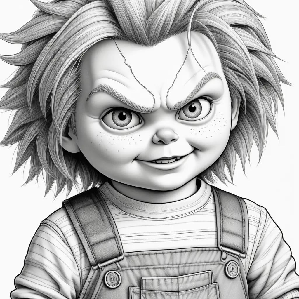 Black and white cartoon of a Chucky doll