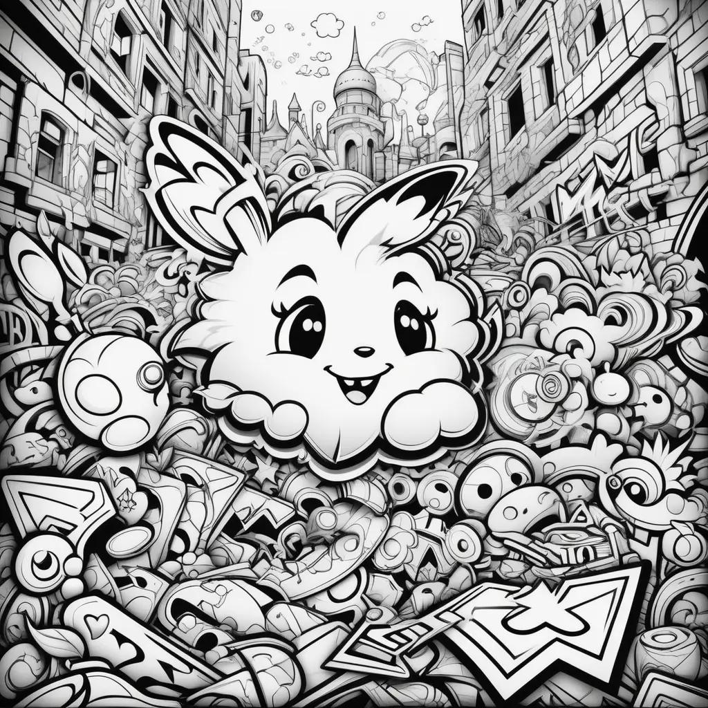 Black and white cartoon of a smiling cartoon animal surrounded by graffiti