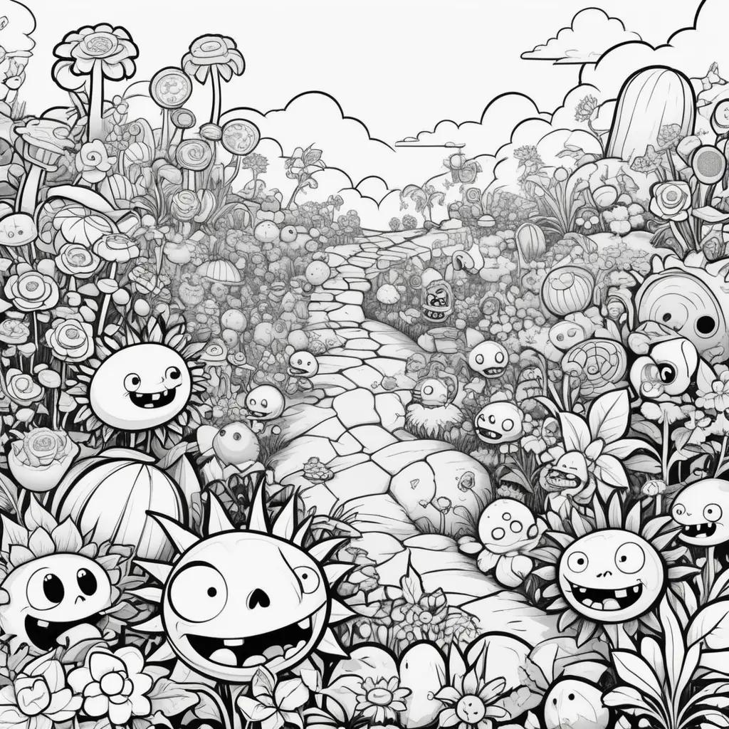 Black and white cartoon of plants and zombies