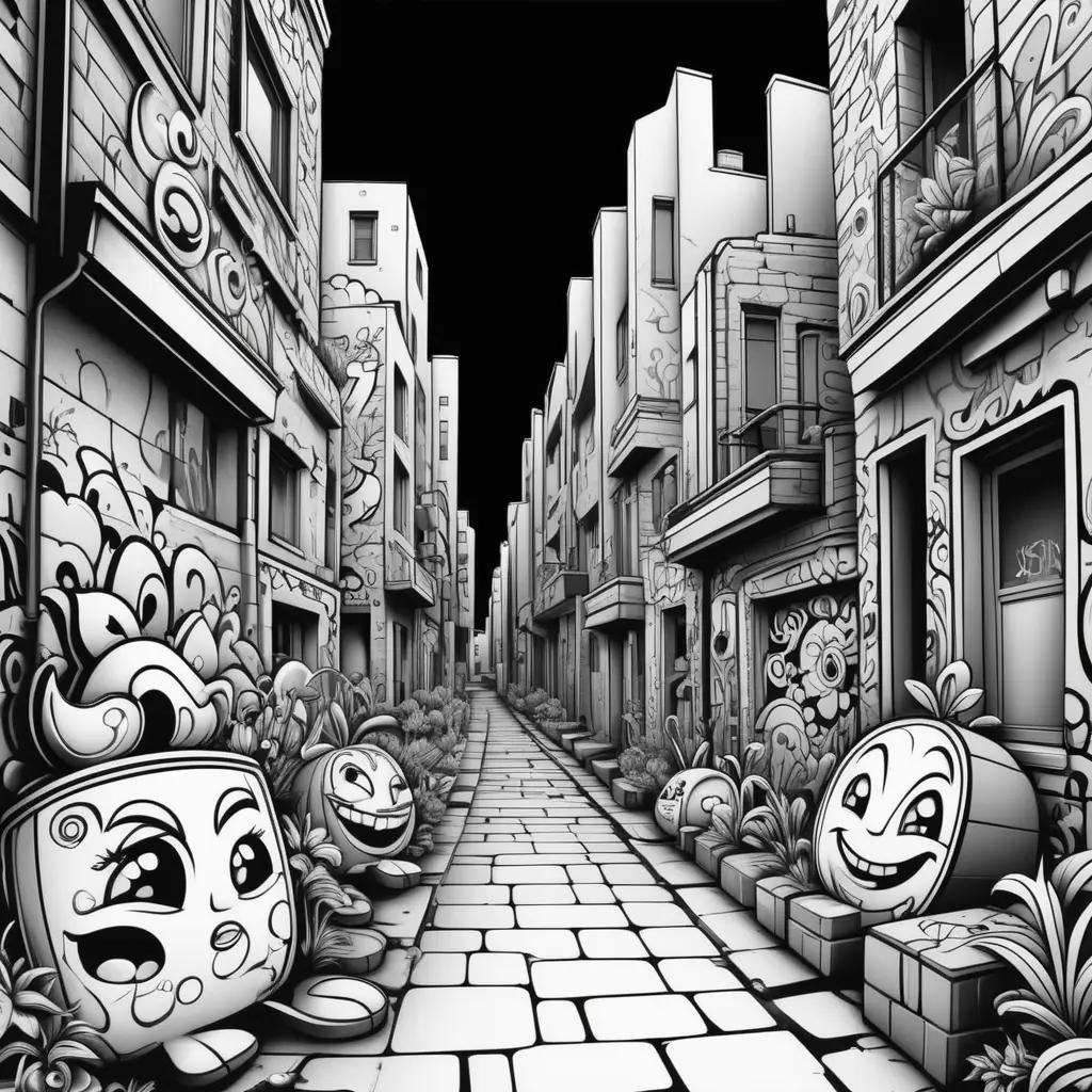 Black and white cartoon street scene with graffiti coloring pages