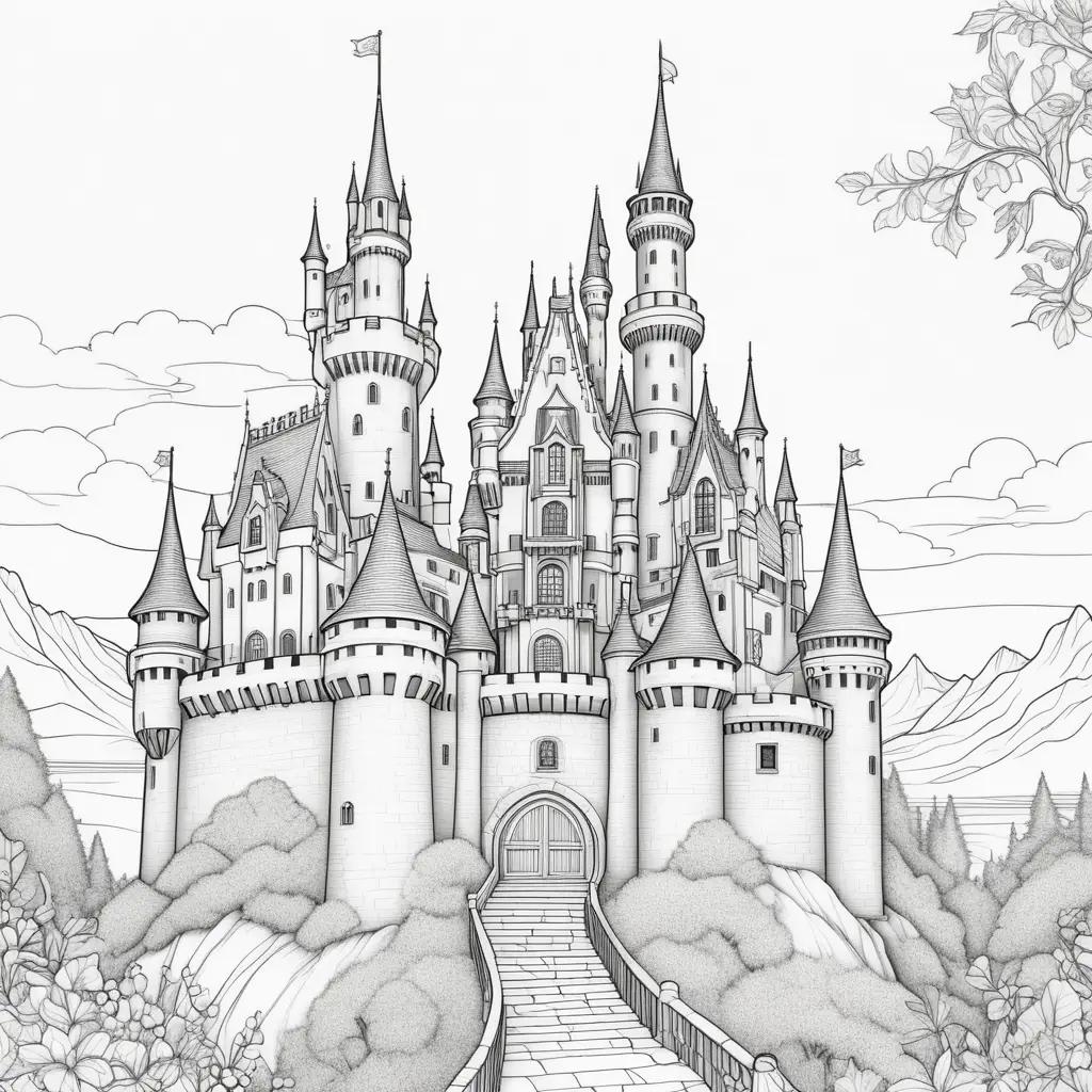 Black and white castle coloring page with clouds in the sky