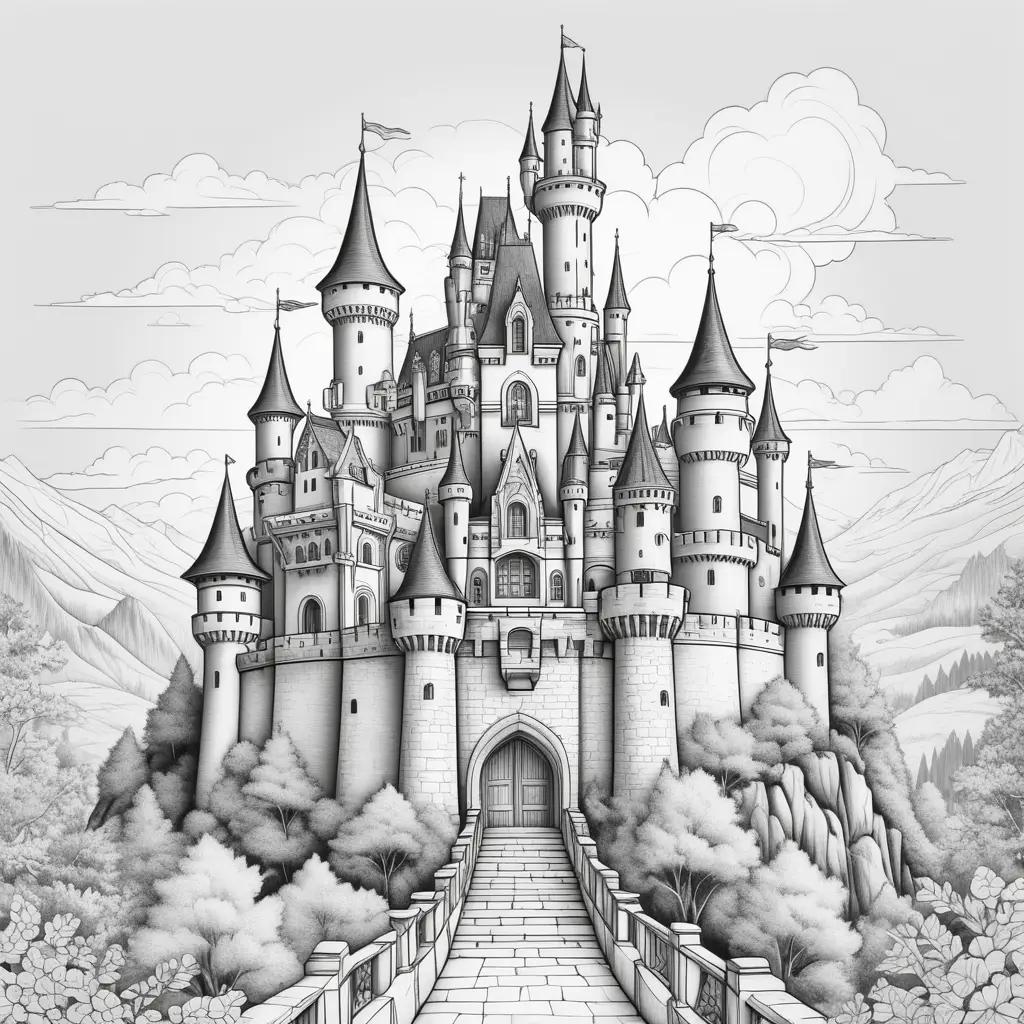 Black and white castle coloring page with stairs and clouds