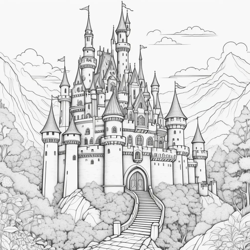 Black and white castle coloring page with stairs and flags