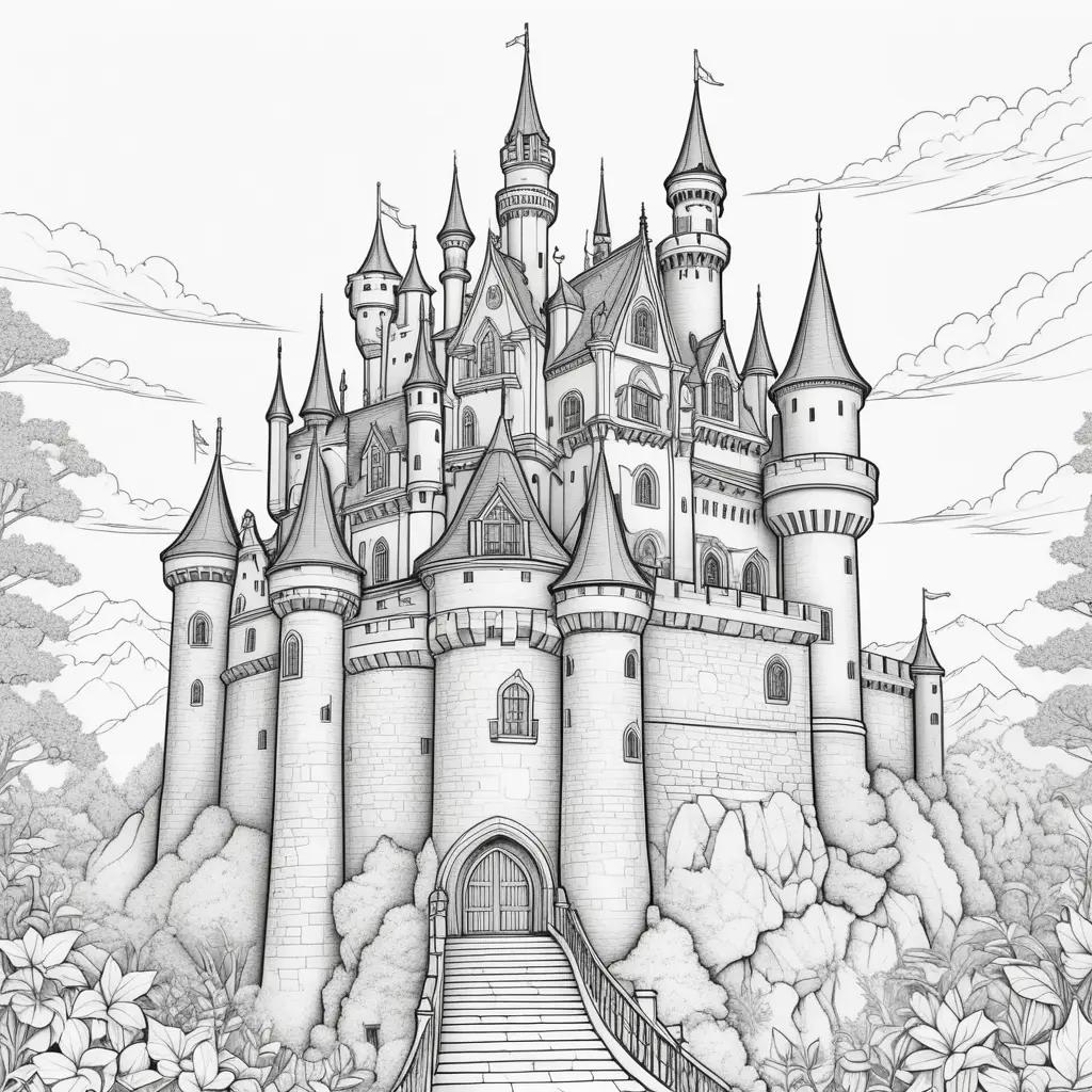 Black and white castle coloring pages with a path to the tower