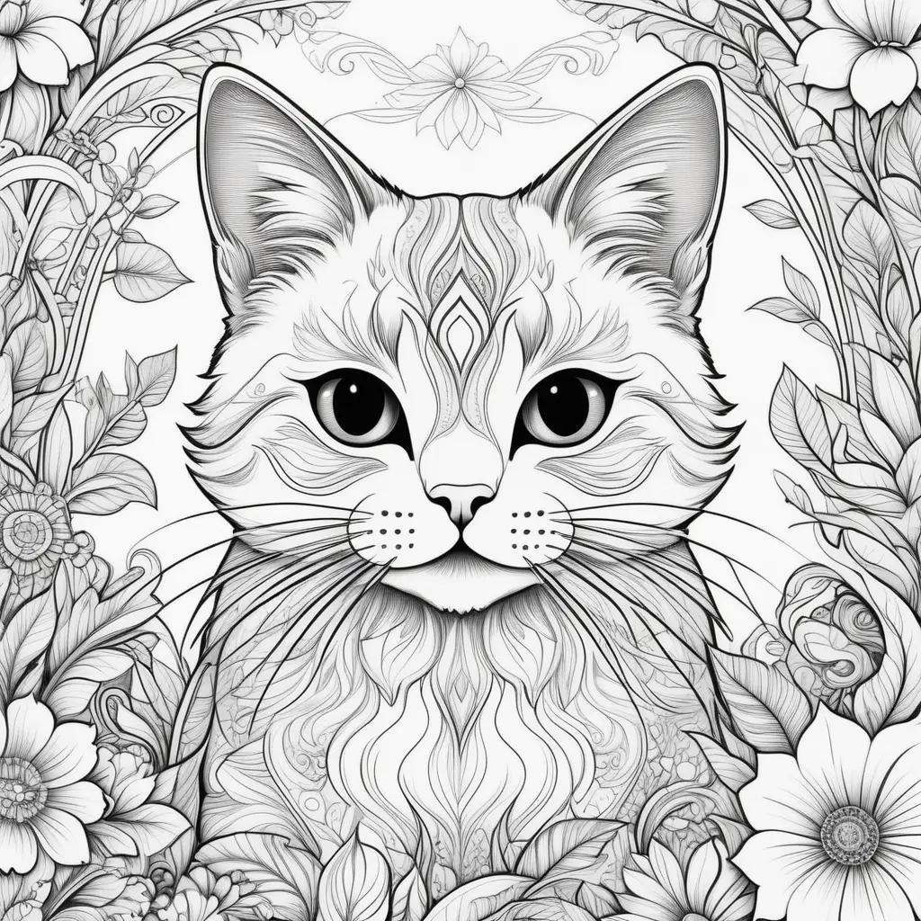 Black and white cat color page with floral background