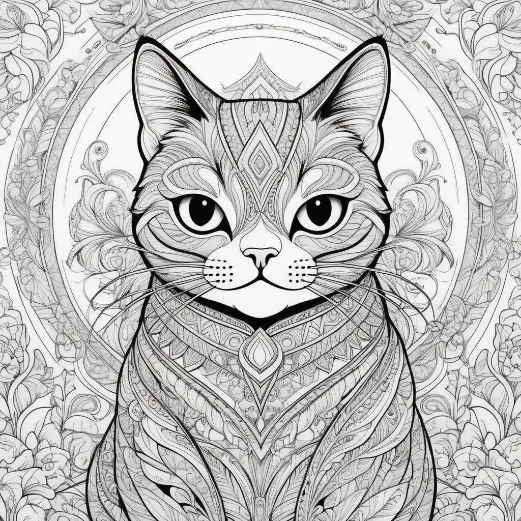 Black and white cat color page with floral patterns