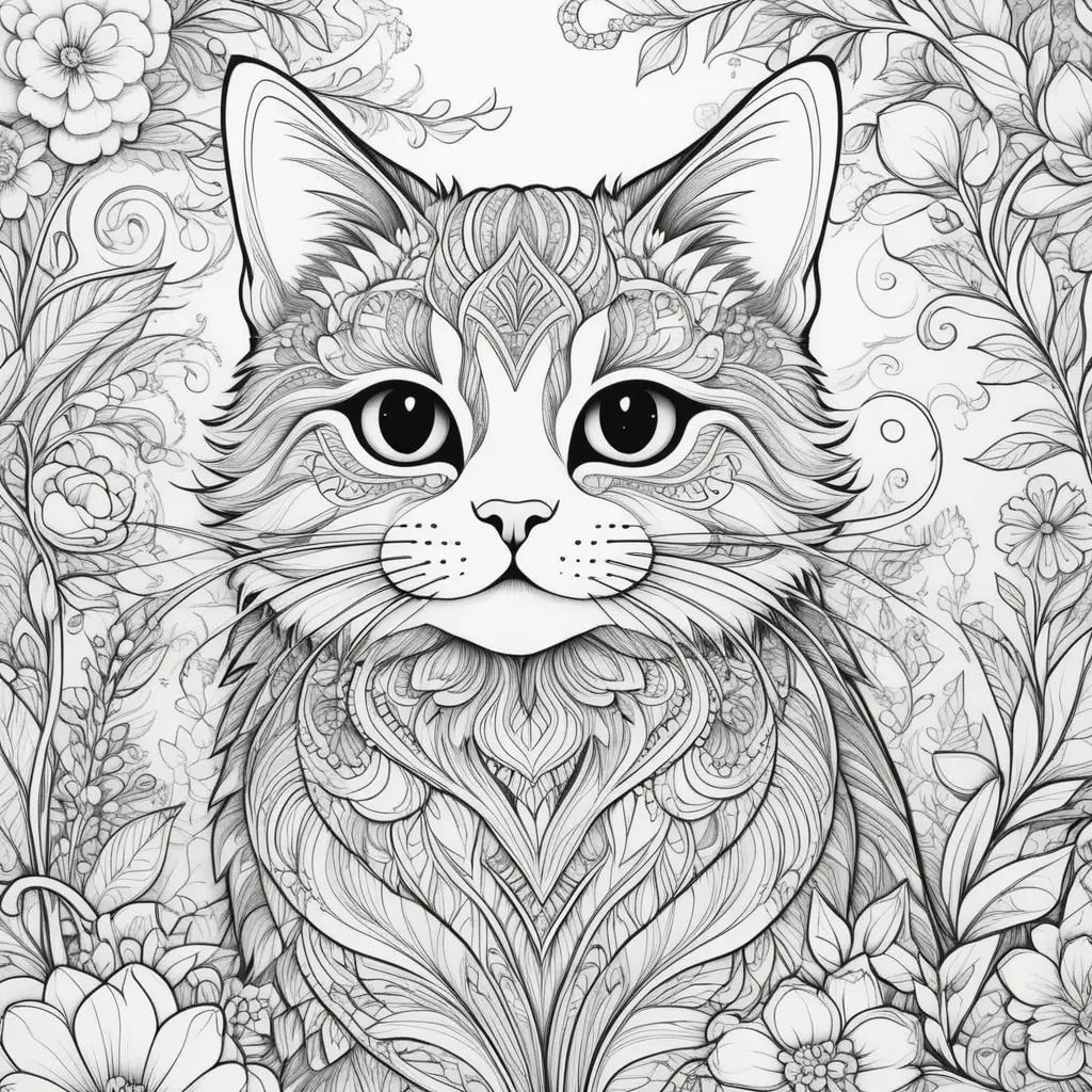 Black and white cat color page with flowers and vines