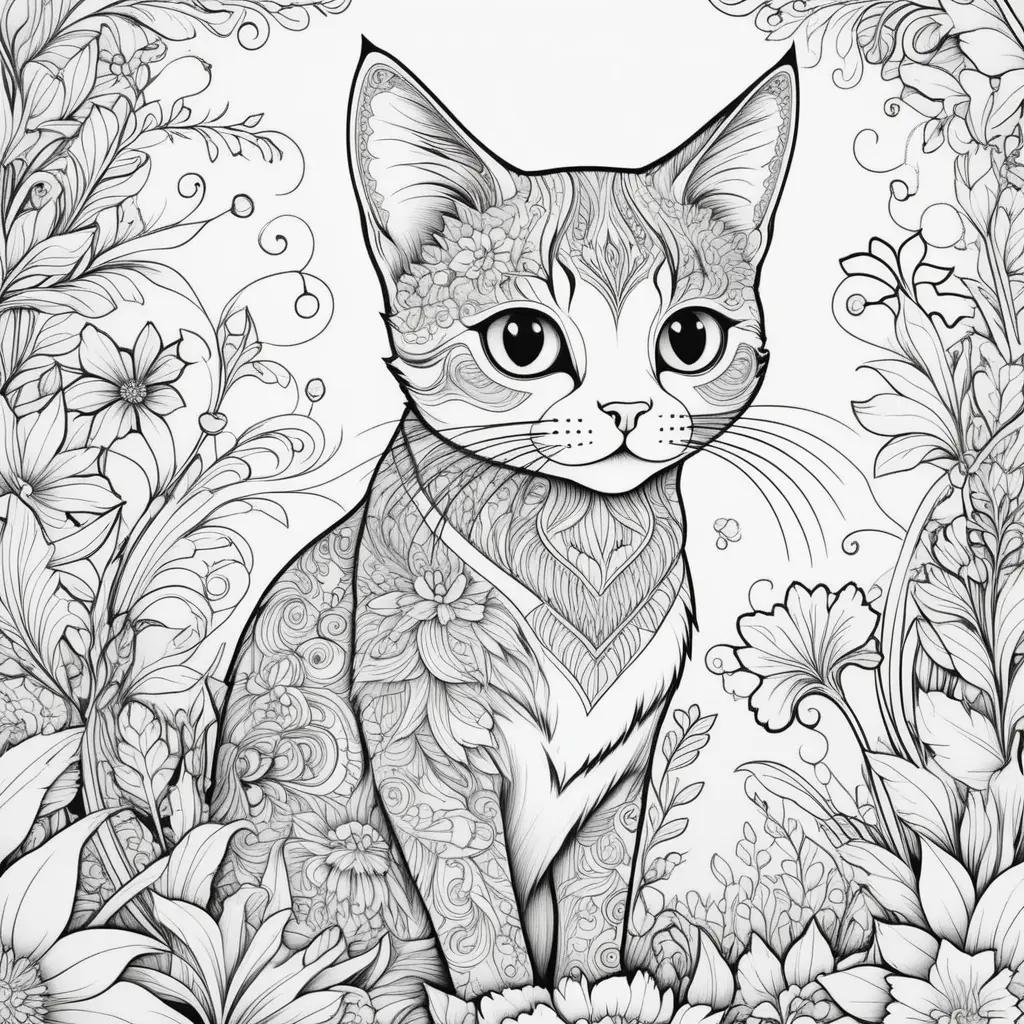 Black and white cat color pages with floral designs