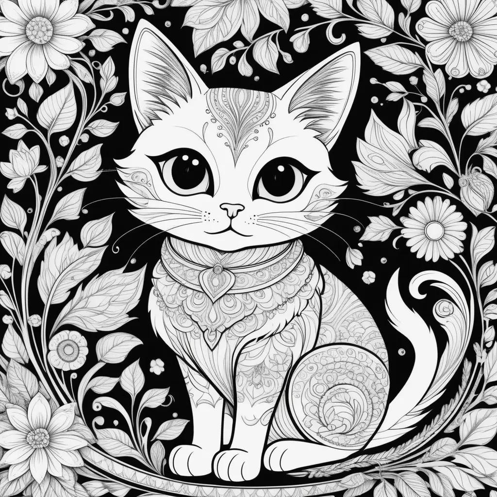 Black and white cat color pages with flowers and leaves