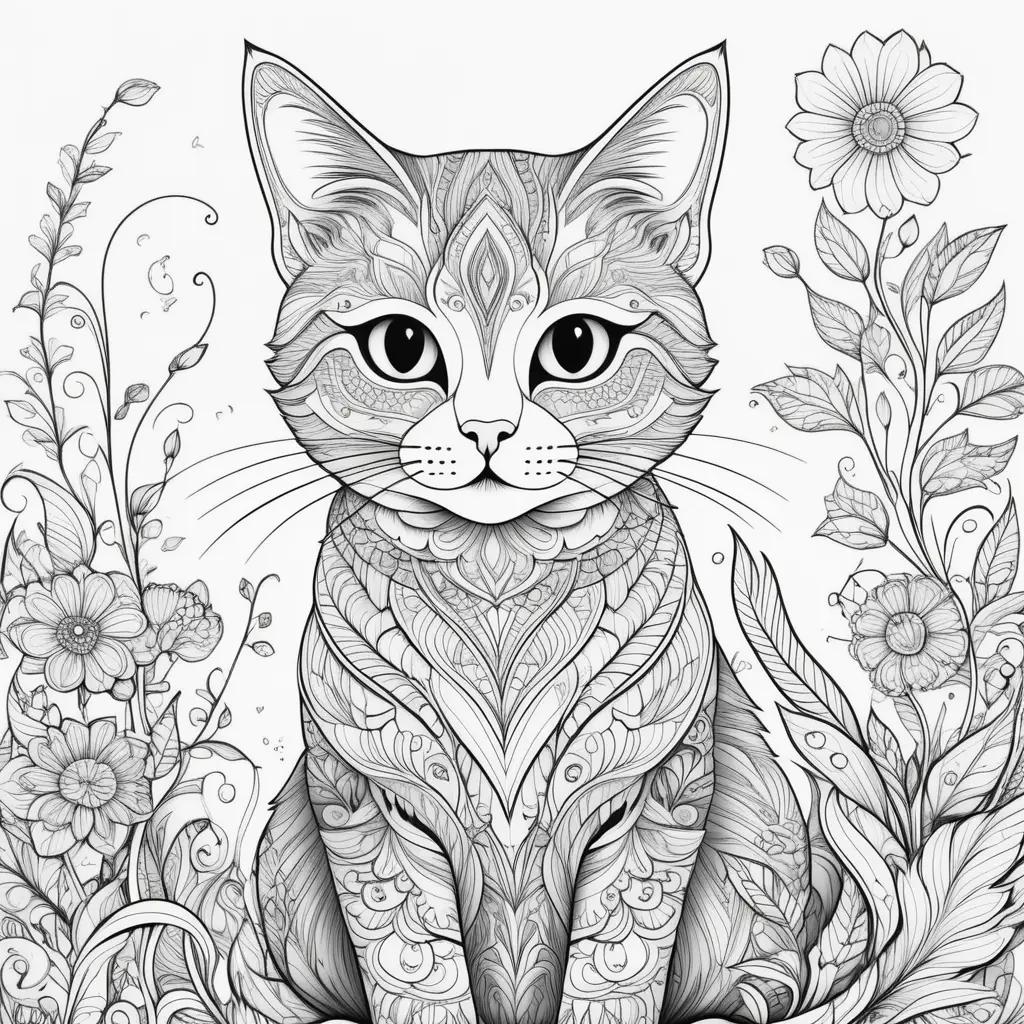 Black and white cat color pages with intricate patterns