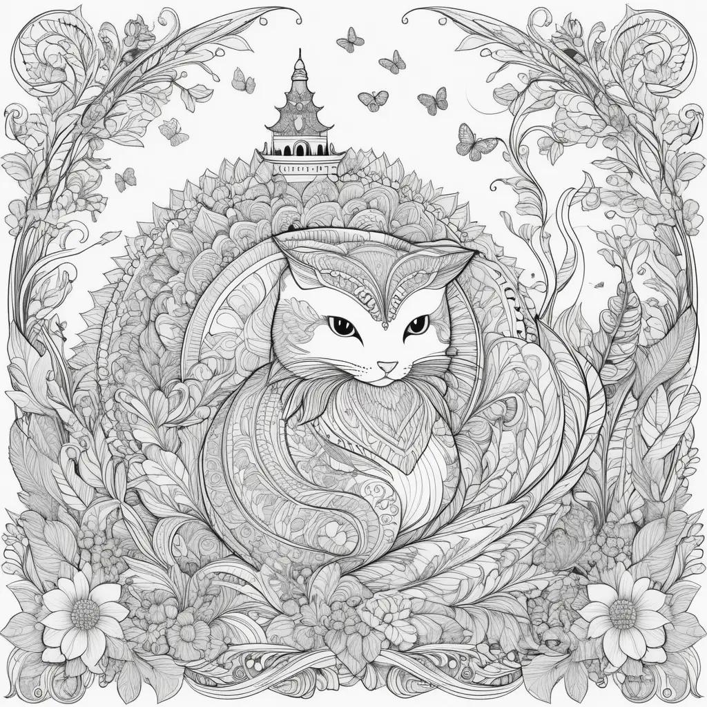 Black and white cat coloring page with a castle on Wednesday coloring pages