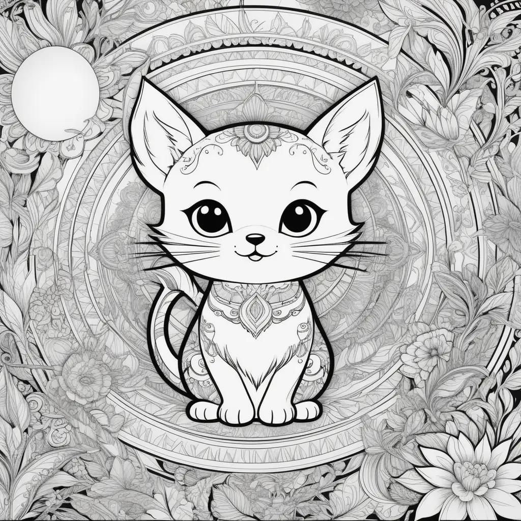 Black and white cat coloring page with colorful flowers