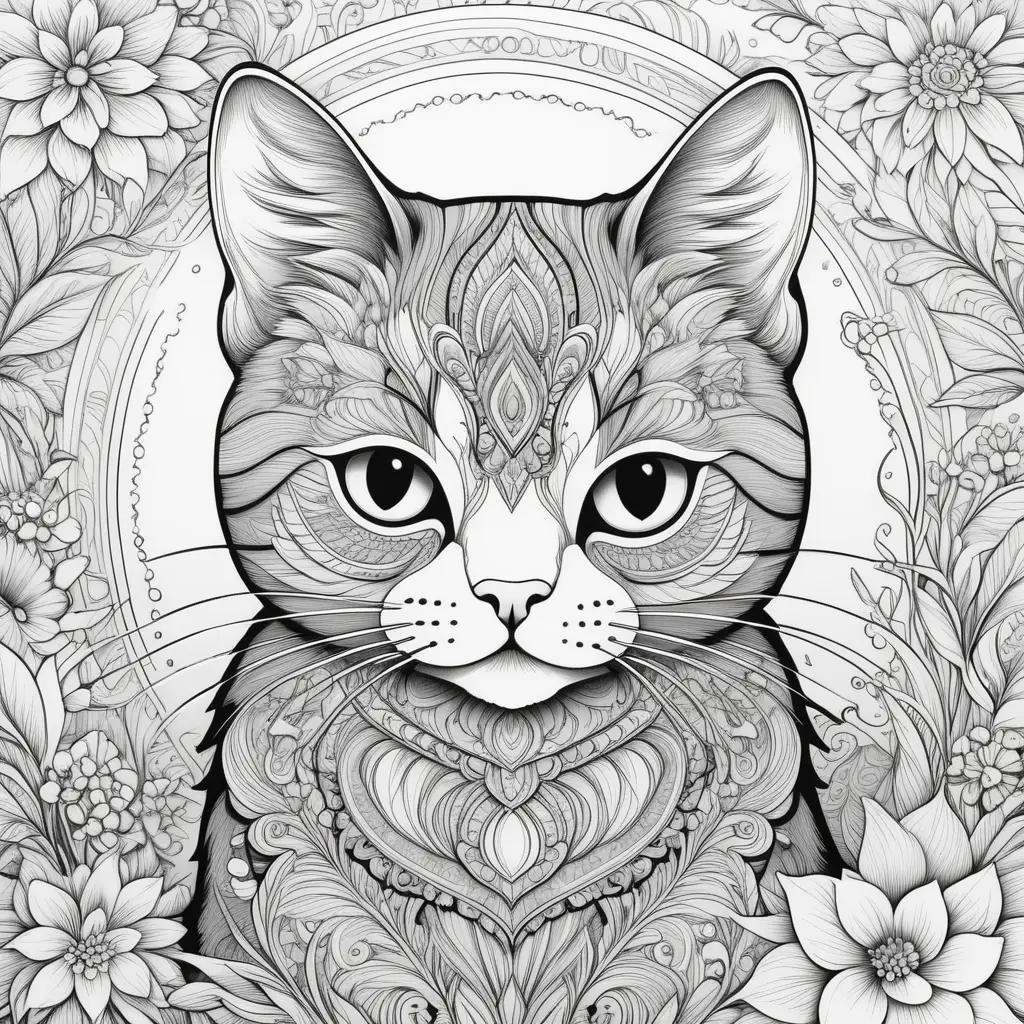 Black and white cat coloring page with floral background