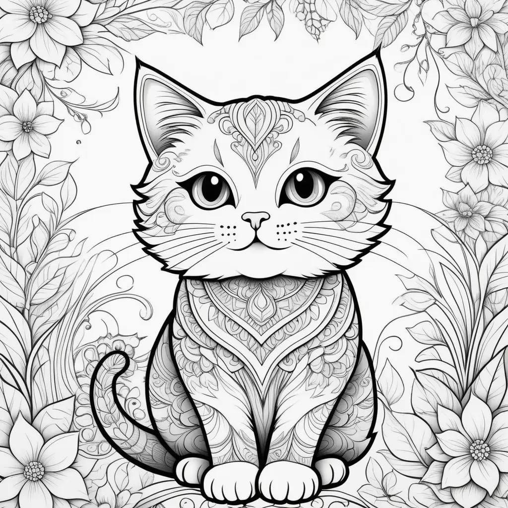 Black and white cat coloring page with flowers