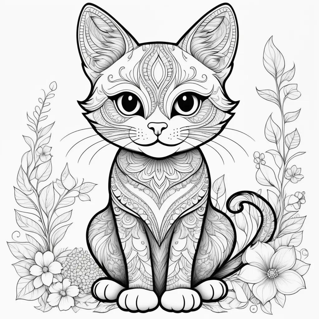 Black and white cat coloring page with flowers and leaves