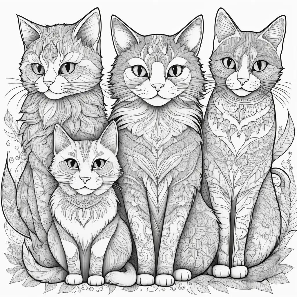 Black and white cat coloring page with flowers