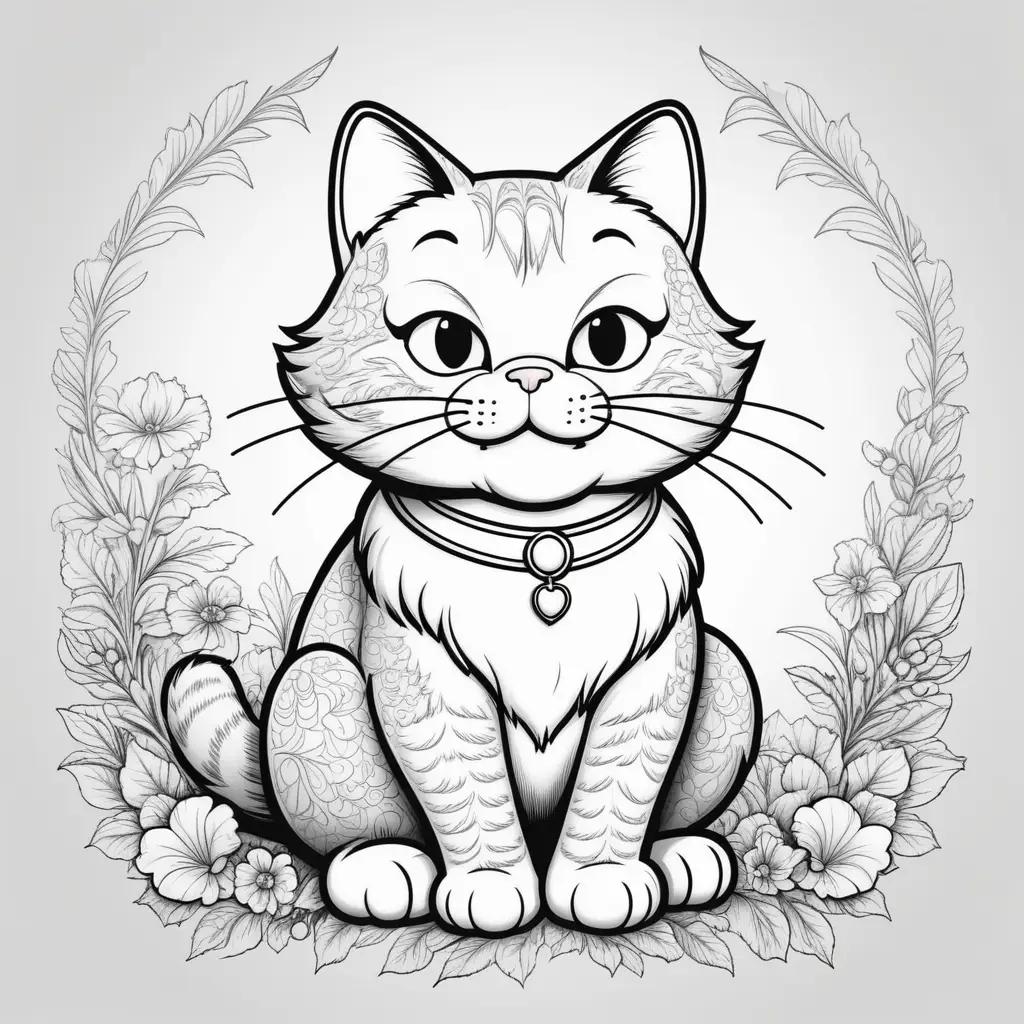 Black and white cat coloring page with garfield design