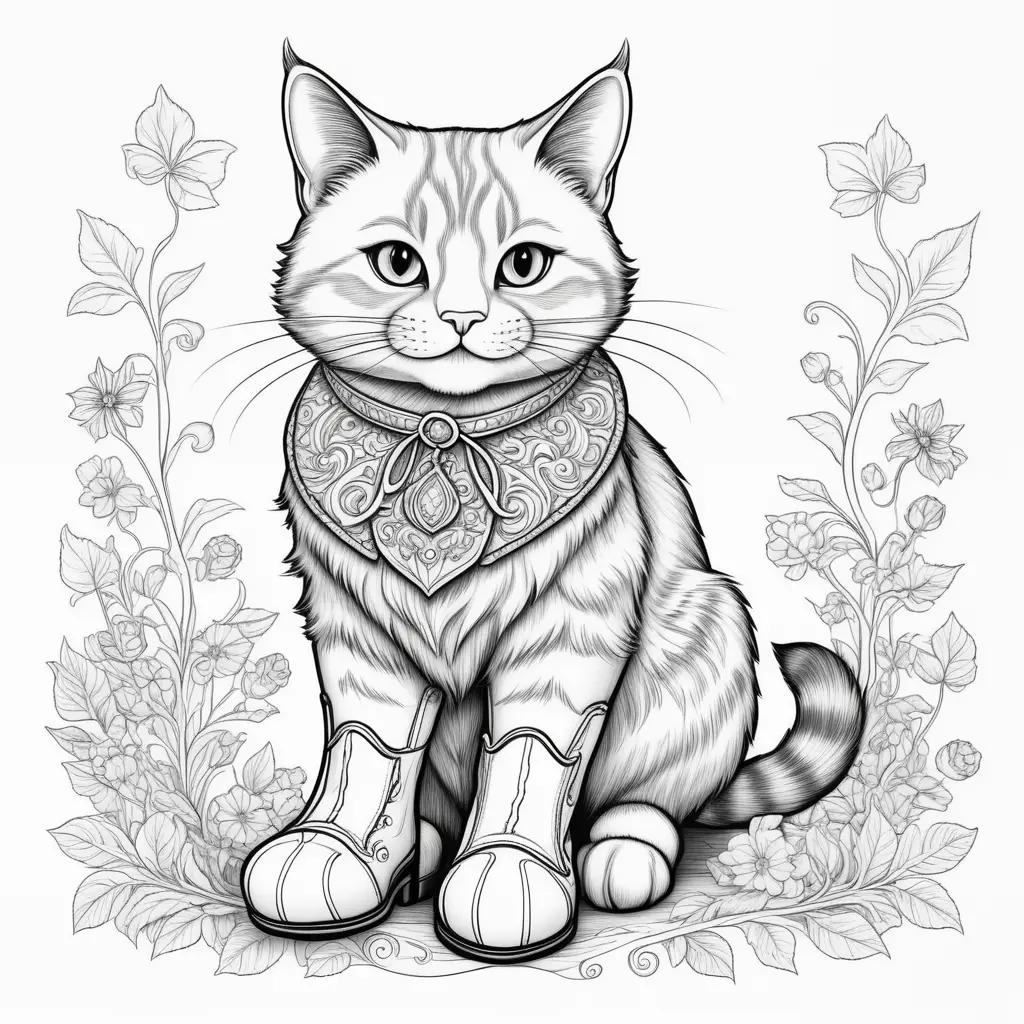 Black and white cat coloring page with puss in boots