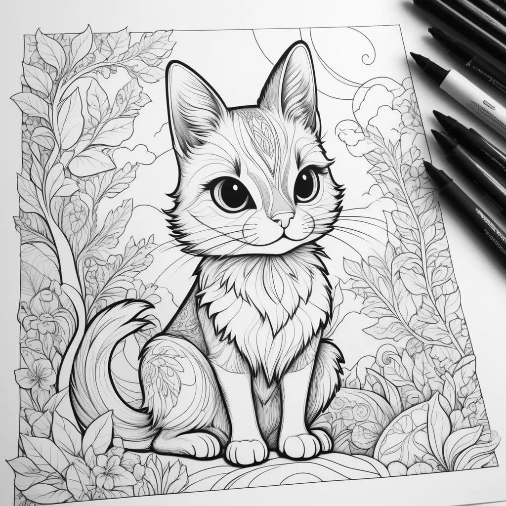 Black and white cat coloring page with shadow effect