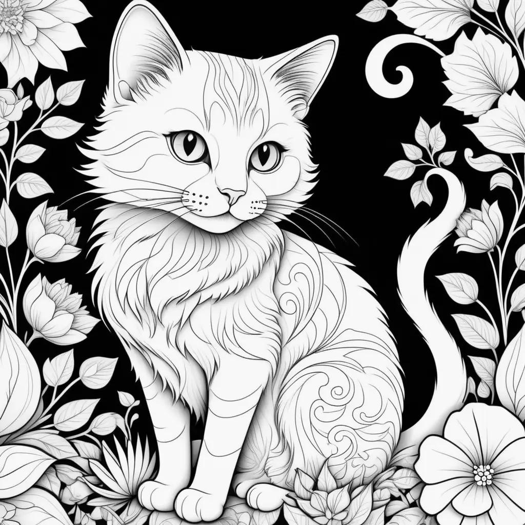 Black and white cat coloring pages featuring flowers and leaves