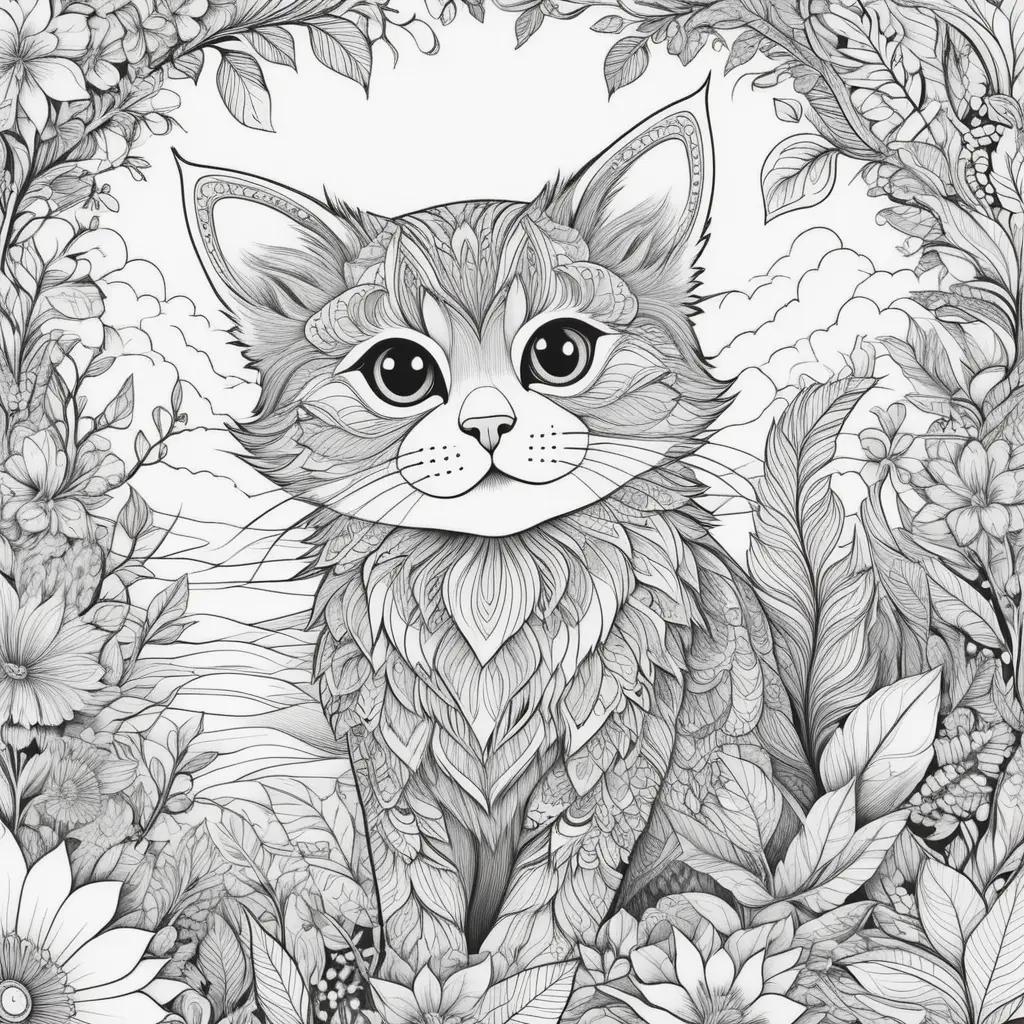 Black and white cat coloring pages with floral designs