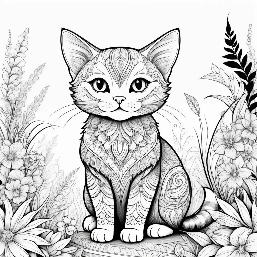 Black and white cat coloring pages with flowers and grass