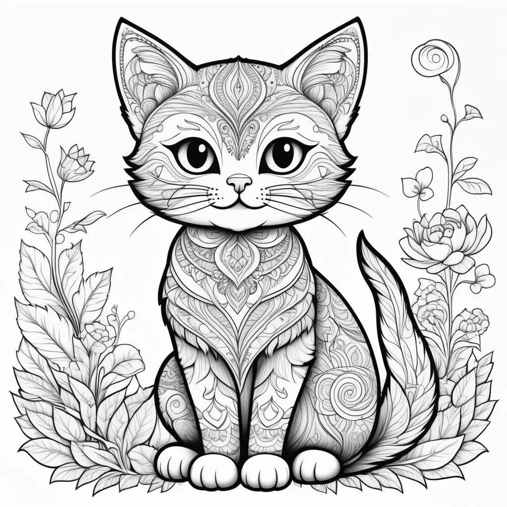 Black and white cat coloring pages with flowers and leaves