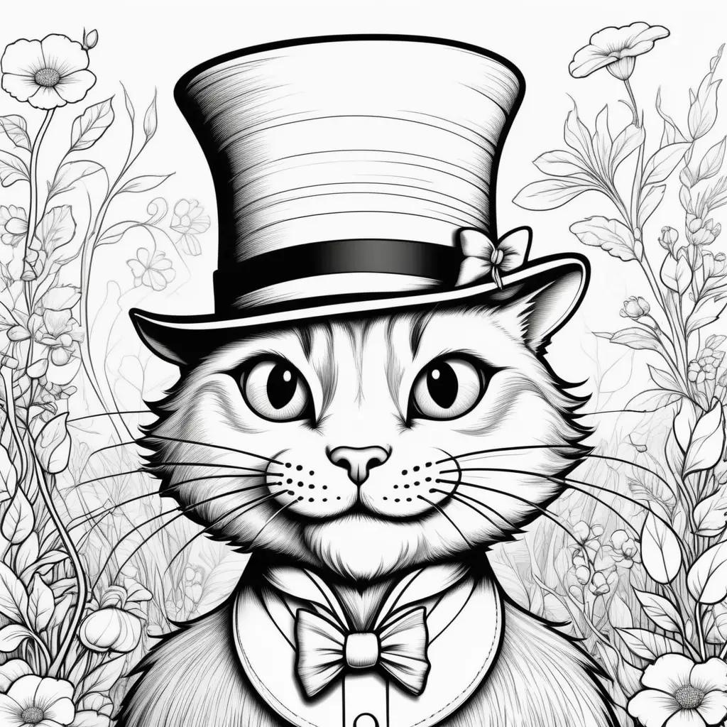 Black and white cat in a top hat coloring page